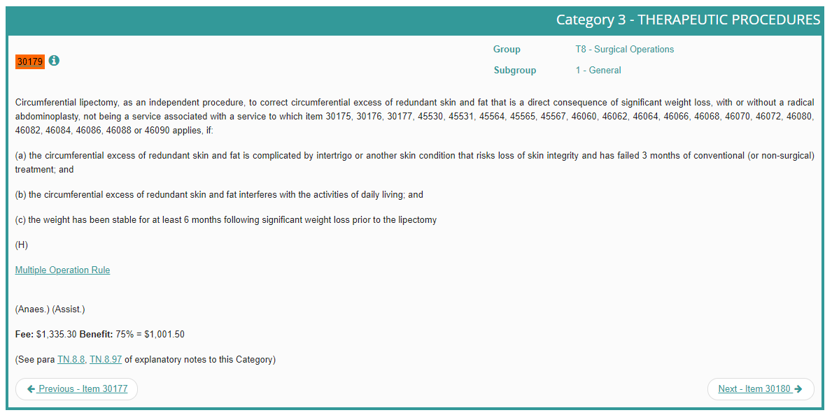 30179 MBS item number for circumferential belt lipectomy