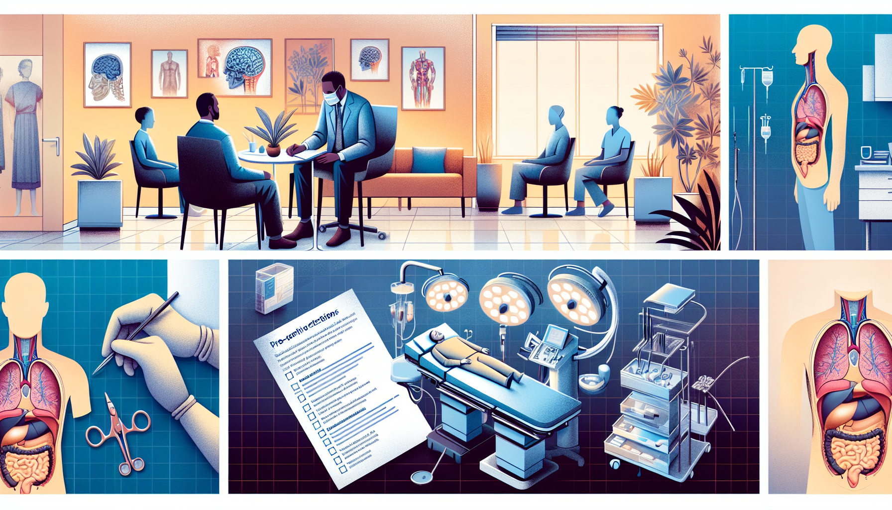 Illustration showing the preparation process for male breast reduction surgery.