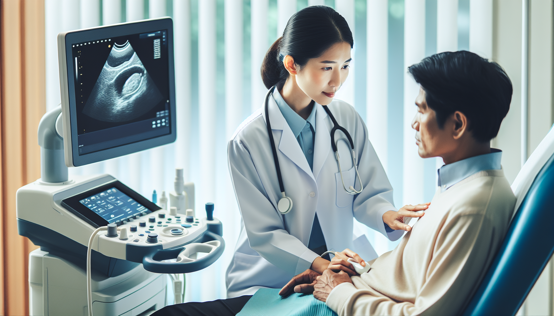 An illustration of a doctor performing a breast cancer diagnosis on a male patient.