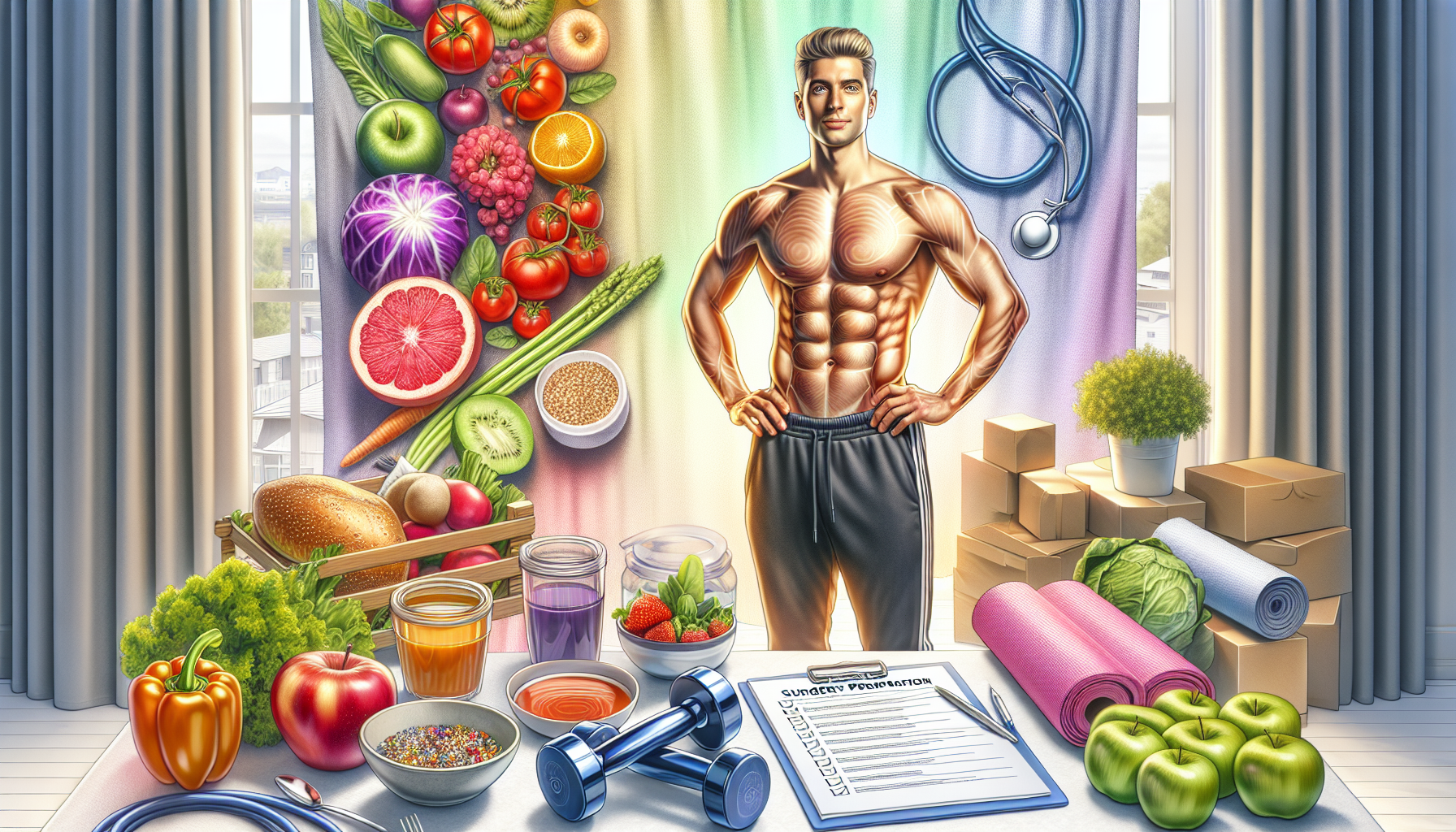 An illustration showing preparation for surgery, including aspects like nutrition and exercise plans for optimal results.