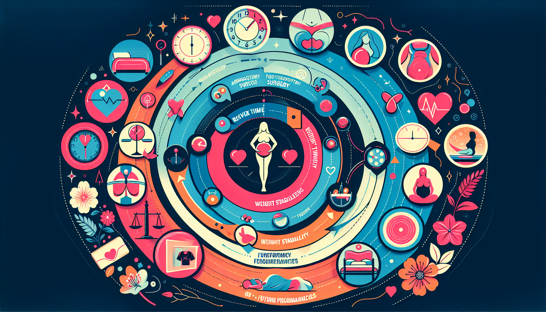 An infographic detailing the factors influencing the timing of abdominoplasty surgery.