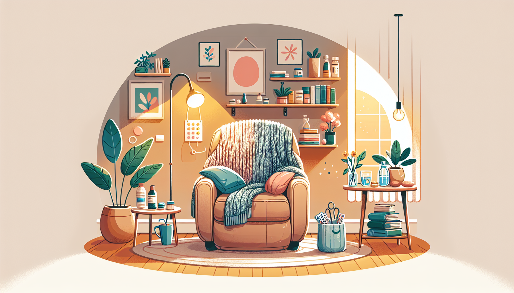 An illustration of a home environment prepared for a patient's recovery after surgery.