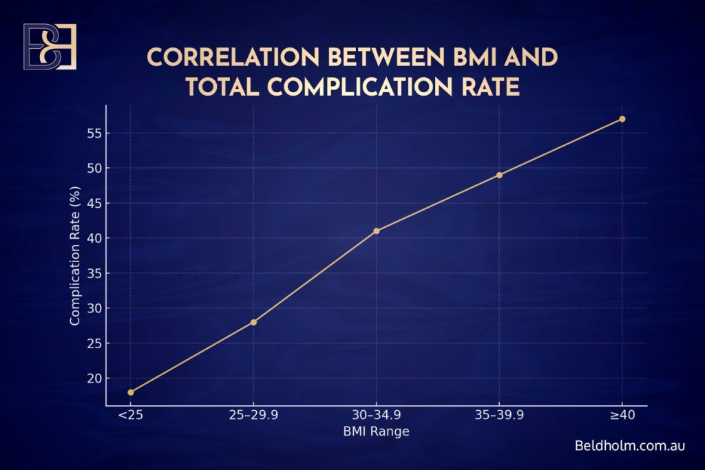 Correlation between BMI and total complication rates
