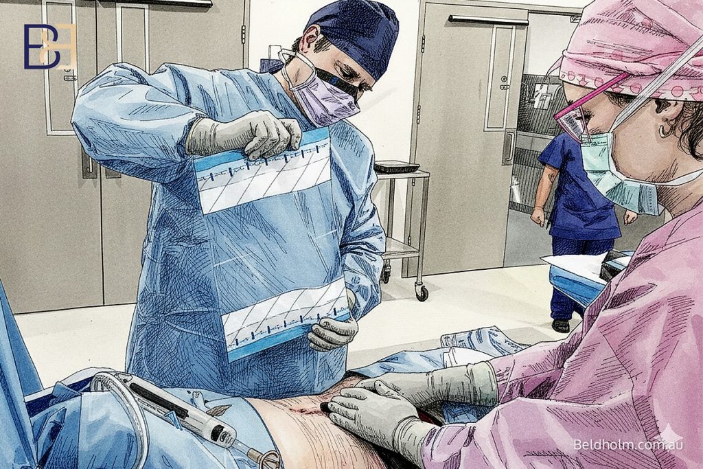 Complications of Circumferential Hybrid Abdominoplasty (Combined Vertical with Circumferential Abdominoplasty) 15 Dr Bernard Beldholm applying VAC dressing for wound breakdown