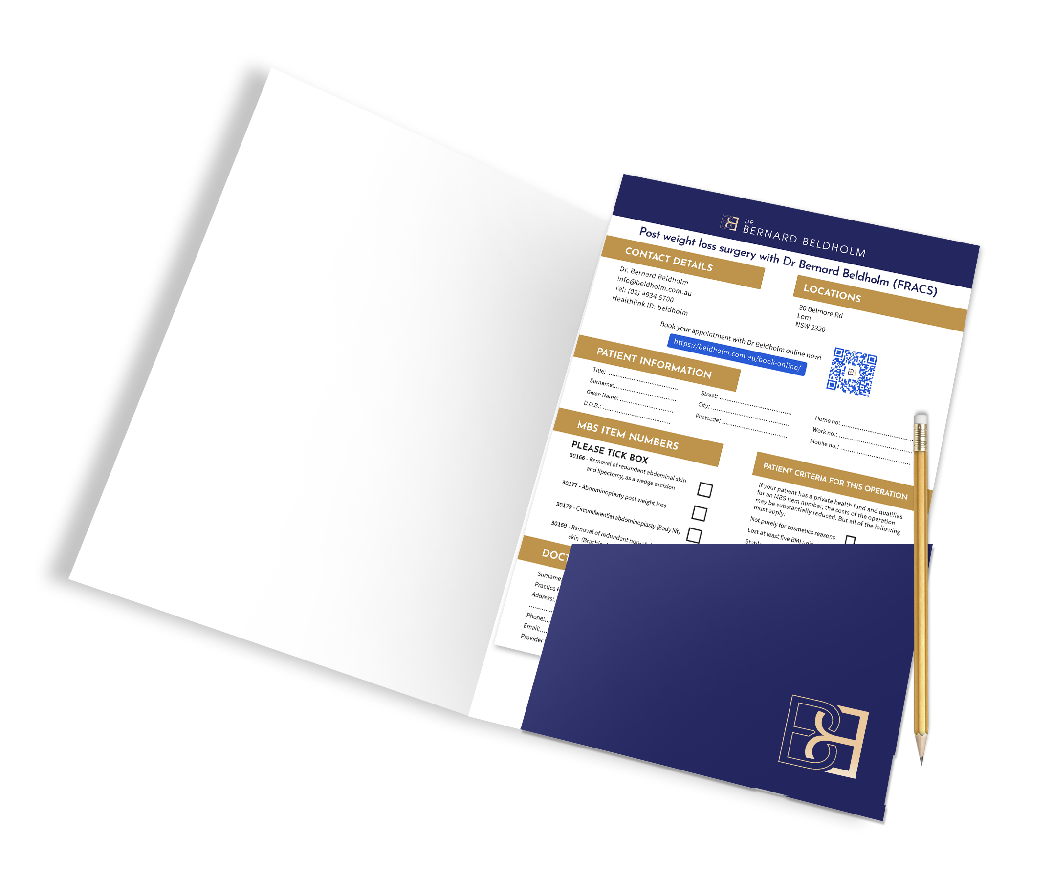 Printed GP referral form for post weight loss surgery with Dr Bernard Beldholm, in a navy folder with a pencil