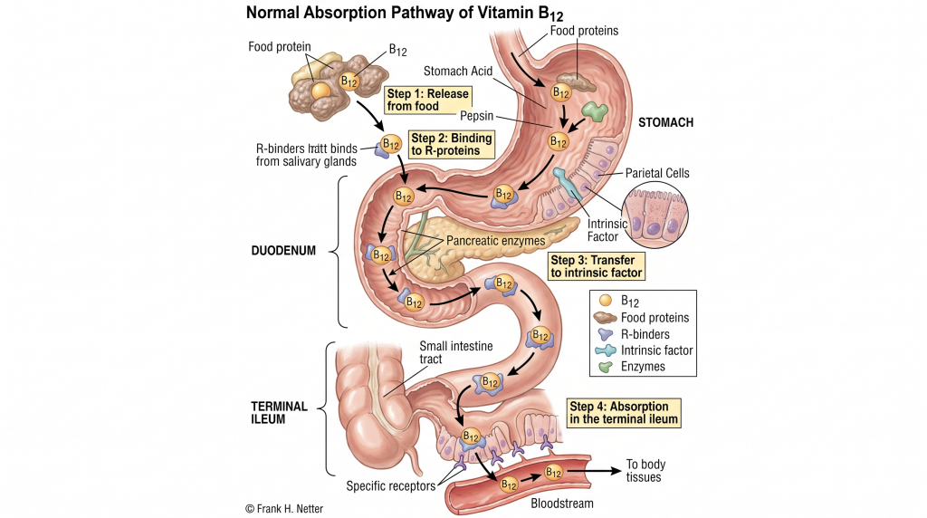 Vitamin B12 Deficiency After Bariatric Surgery: What It Means for Body Contouring Recovery 10 The Normal Absorption Pathway