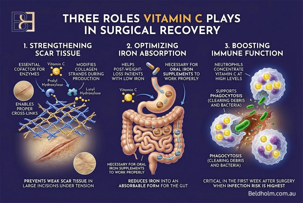 Vitamin C (Ascorbic Acid) Before and After Body Contouring Surgery: Collagen, Iron, and Wound Healing After Weight Loss 5 Three roles vitamin C plays in surgical recovery