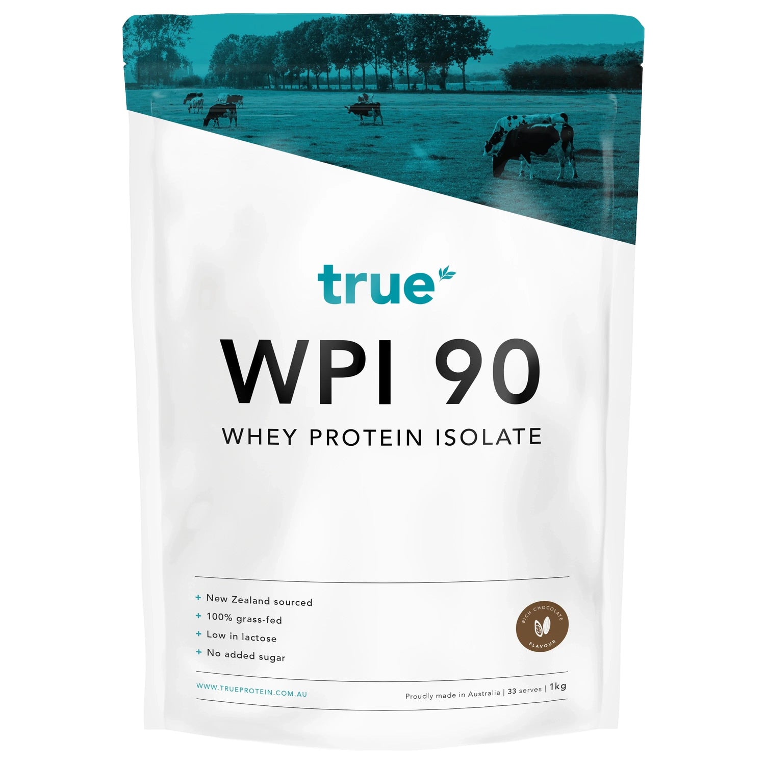 True WPI 90 whey protein isolate 1kg pouch — True Protein white resealable bag, New Zealand sourced 100% grass-fed whey, low lactose, no added sugar, rich chocolate flavour, made in Australia — sports nutrition protein powder for Australia/New Zealand market