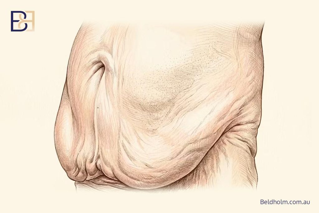 Loose skin mainly as a lower abdominal apron