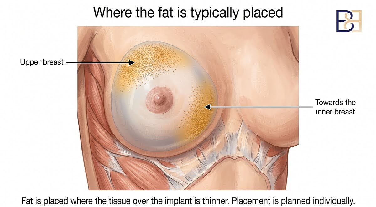 Where the fat is typically placed - Hybrid Breast Augmentation (Augmentation mammoplasty) Implants Combined with Fat Grafting