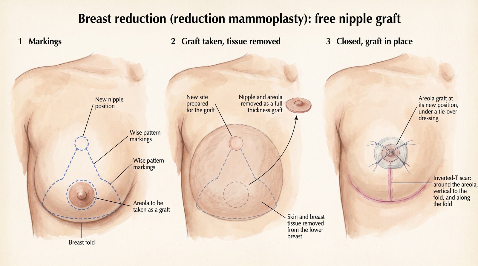 Breast Reduction (Reduction Mammoplasty) for Heavy or Symptomatic Breasts 5 Free nipple graft breast reduction (reduction mammoplasty), markings, graft taken, closed