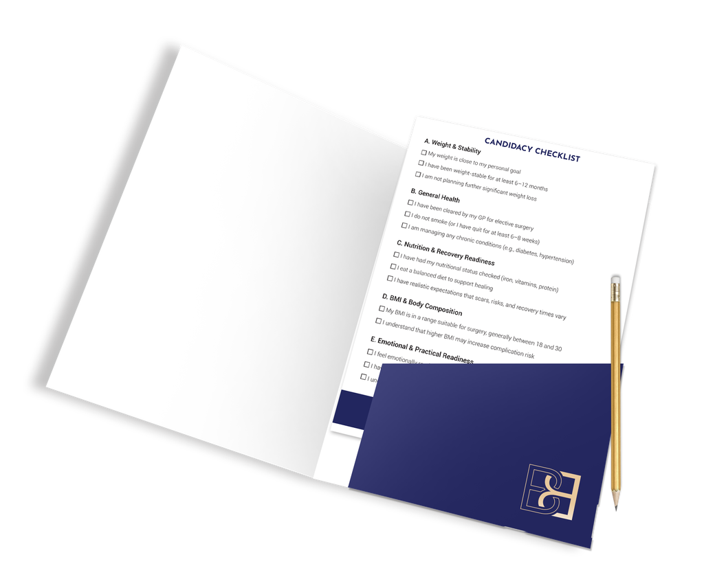Folder mockup showing the candidacy checklist page from Are You Ready for Post-Weight-Loss Body Contouring Surgery?